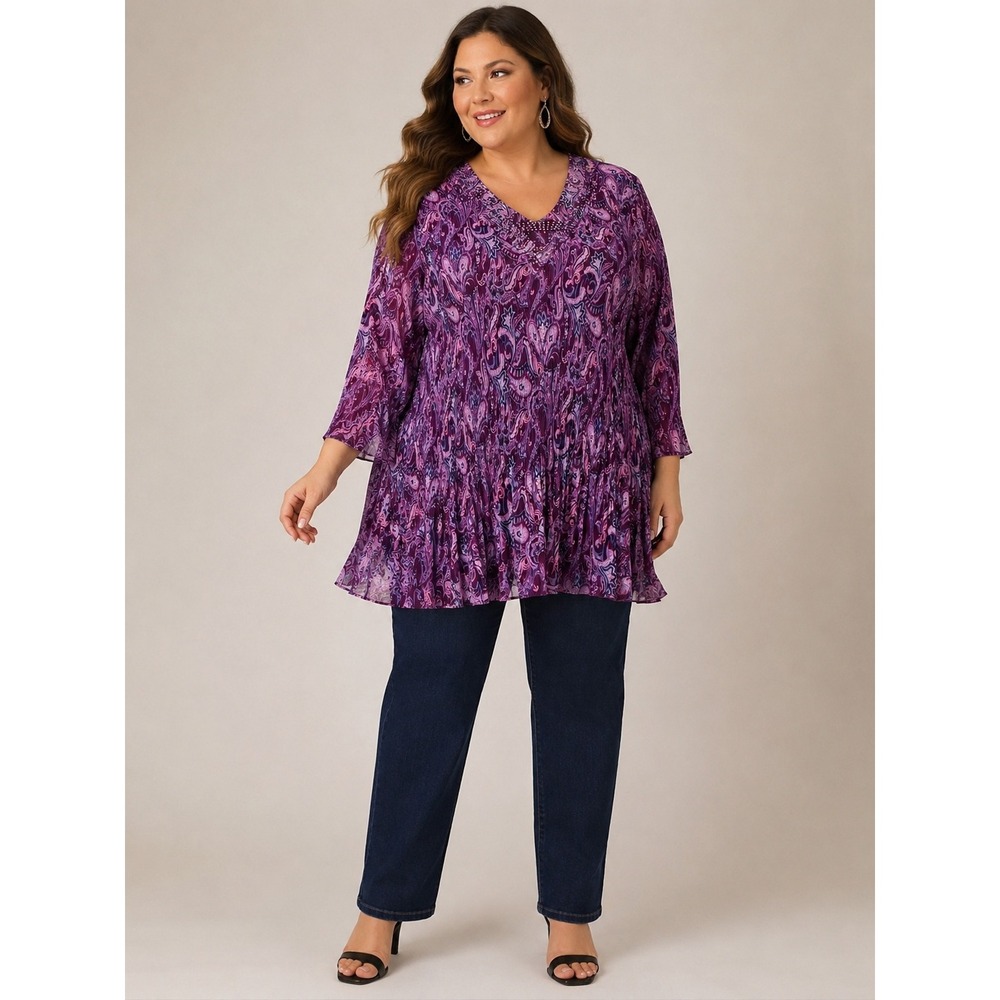 Catherines Paisley Tunic Women 2X Purple Boho Pleated Bell Sleeve Top